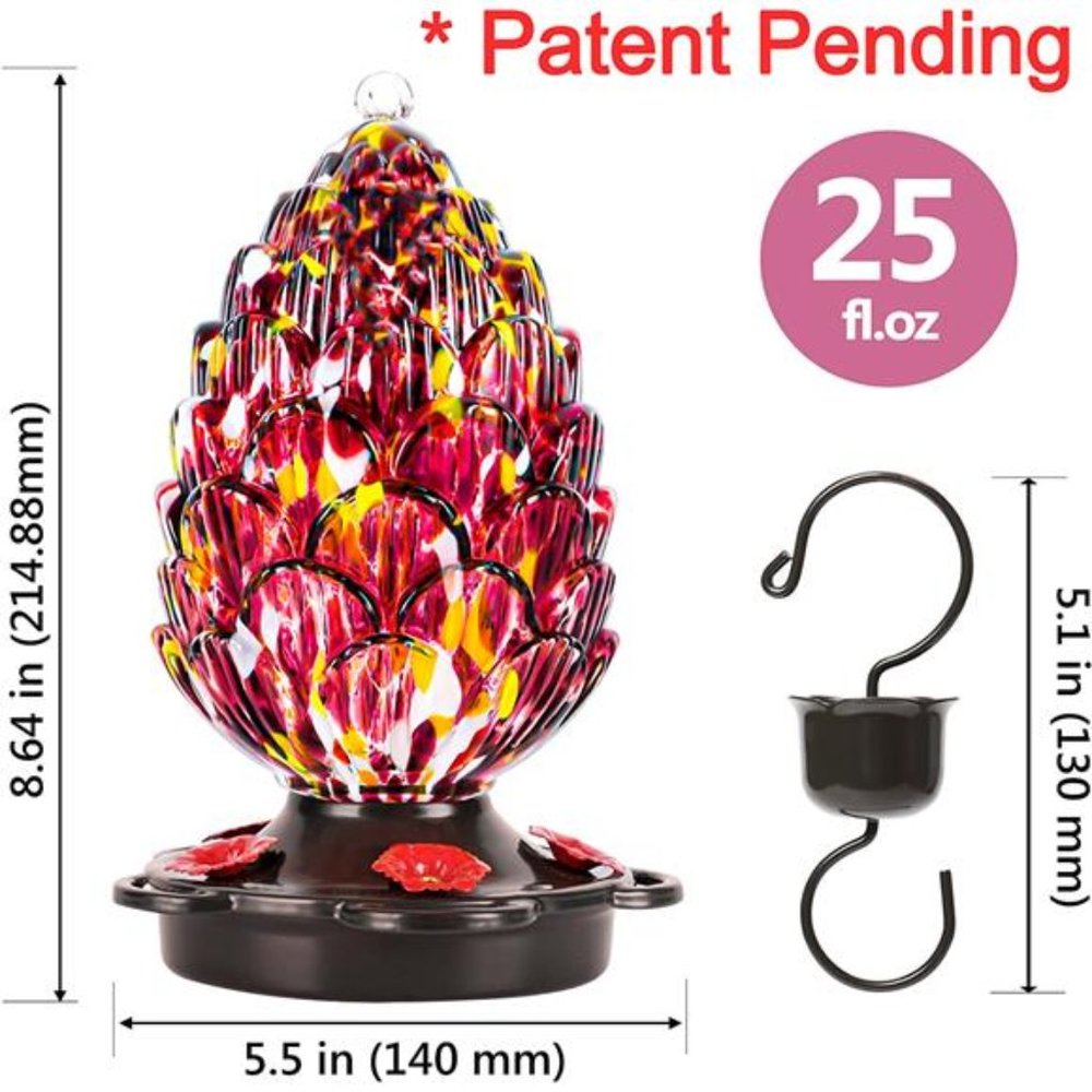 Pine Cone Shaped Hand Blown Glass Hummingbird Feeder for Outdoor Use - For Birds - Picture 4 of 4